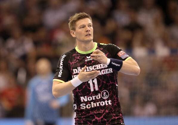 Photo skeptical expression at Lasse Svan Flensburg Handball men at 18 04 2018 Champions League SG Flensburg Montpellier