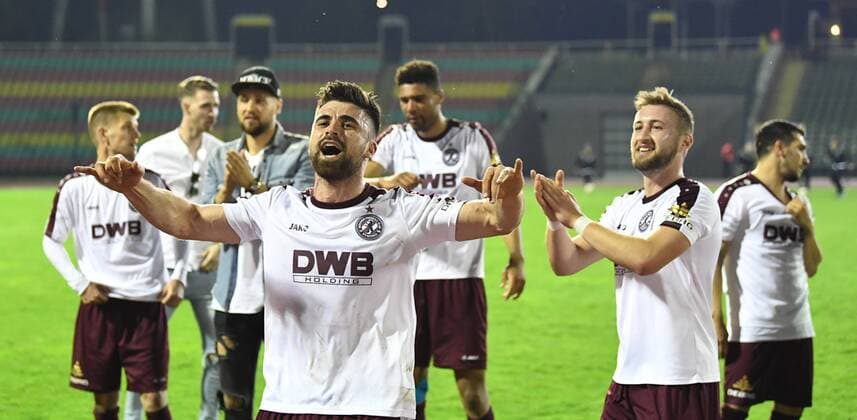Soccer Mens Season 2017 2018 Semifinals in the Berlin Pilsner Cup BFC Dynamo Tennis Borussia by David Kamm Al Azzawe BFC Dynamo Vincent Rabiega BFC Dynamo Preiss cheering after the final whistle 18 04 2018 Copyright: xMatthiasxKochx