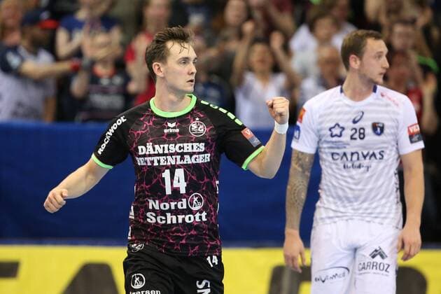 SG Flensburg Handewitt Montpellier HB EHF Champions League Flensburg 18 04 18 Flensburg 18 04 18 Sport Handball VELUX EHF Champions League Season 2017 2018 Quarterfinal SG Flensburg Handewitt Montpellier HB Jubilation Torjubel at Hampus Wanne SG Flensburg Handewitt 14 xmmkx