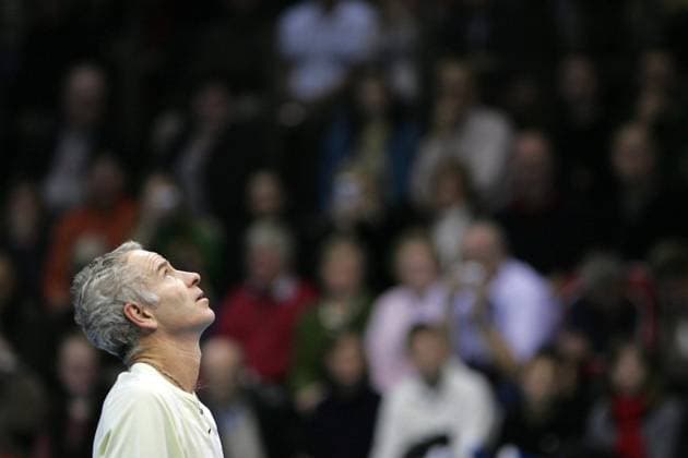 , LIEGE, BELGIUM : Tennis legend US John McEnroe reacts during his third game vs Bjorn Borg of Sweden, Saturday 10 Novembre 2007 at the first edition of the legend cup in Liege, stage of the ATP Tennis Herren senior tour. McEnroe won 7-5, 3-6 an d10-6 in the sper tie-break, he qualified for the final. JOHNxTHYS  x7849191x