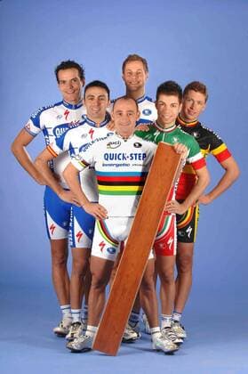 , LA CALIFORNIA, ITALY : Hand out picture shows Quick-Step cycling team 2008 from L-R, Belgian Geert Steegmans, Spanish Juan Manuel Garate, Italian Paolo Bettini, Belgian Tom Boonen, Italian Giovanni Visconti and Belgian Stijn Devolder. QS TDWSport.com TIMxDExWAELE  x8091780x