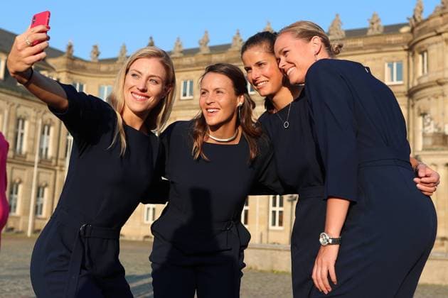 German tennis players L-R Angelique KERBER, Tatjana MARIA, Julia GOERGES and Anna-Lena GROENEFELD take a selfie before ITF official dinner in Stuttgart, Germany, on April 19, 2018, prior to the upcoming Fed Cup match Germany vs Czech Republic. (CTKxPhoto PavelxLebeda) CTKPhotoF201804191681701 