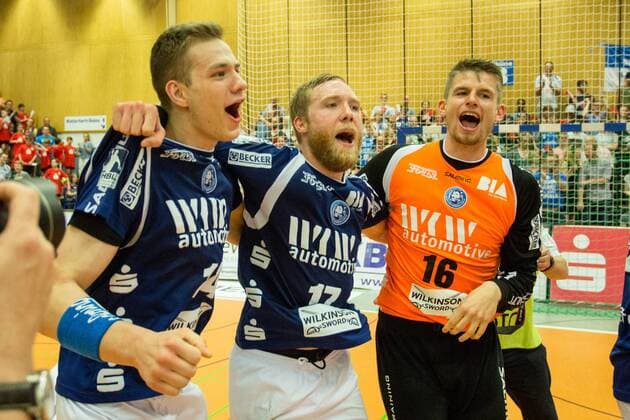 Here celebrate Maciej Majdzinski 14 Bergischer HC Jan Artmann 17 Bergischer HC and Christopher Rudeck 16 TW Bergischer HC promotion to the first division Bergischer HC vs Wilhelmshavener HV Handball 2 Bundesliga 20 04 18 Solingen NRW Germany Klingenhalle Copyright: xcdnx