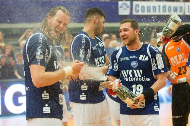 Fabian Gutbrod 22 Bergischer HC is considered by Tomas Babak 19 Bergischer HC with a champagne shower and celebrate both with the rise shirt the rise in the 1 Bundesliga Bergischer HC vs Wilhelmshavener HV Handball 2 Bundesliga 20 04 18 Solingen NRW Germany Klingenhalle Copyright: xcdnx