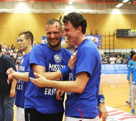HBL 2 Handball Bundesliga Season 2017 2018 31 Matchday Bergischer HC Wilhelmshavener HV after the game was celebrated Bastian Rutschmann left and Maximilian Bettin both Bergischer HC