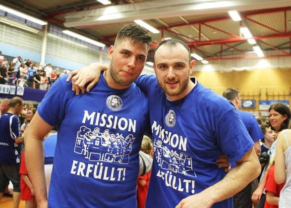 HBL 2 Handball Bundesliga Season 2017 2018 31 Matchday Bergischer HC Wilhelmshavener HV after the game was celebrated Leos Petrovsky left and Bogdan Criciotoiu both Bergischer HC