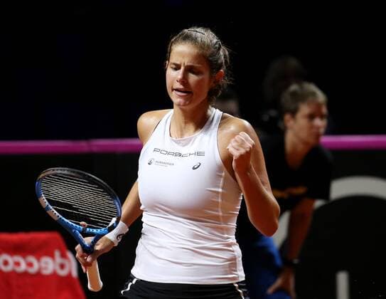 BAU 21 04 2018 Stuttgart Tennis Fed Cup GER vs CZE Julia Görges GER cheers and clenches his fist