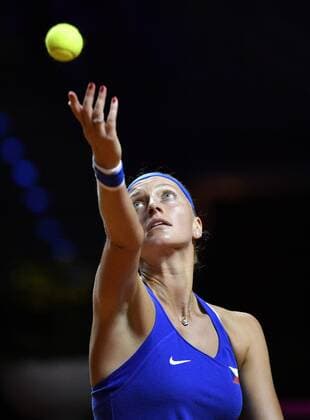 Petra Kvitova CZE Action Serve Tennis Ladies Team Germany Germany Fed Cup Fed Cup 2018 Semifinal Germany GER vs Czech Republic CZE Porsche Arena Stuttgart 21 22 04 2018 Fed Cup Semi Final GER CZE Porsche Arena Stuttgart 2018