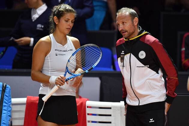 Jens GERLACH Team Principal GER with Julia GOERGES GER during a break in the game Tennis Fed Cup Semifinals Germany Czech Republic P O R S C H E A R E N A Stuttgart on 21 04 2018