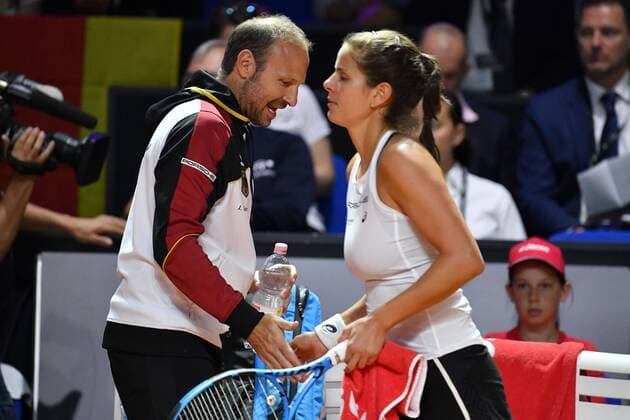 Jens GERLACH Team Principal GER with Julia GOERGES GER during a break in the game Tennis Fed Cup Semifinals Germany Czech Republic P O R S C H E A R E N A Stuttgart on 21 04 2018