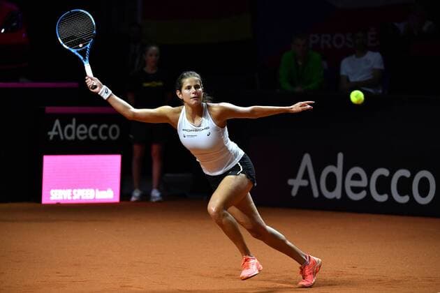 Julia GOERGES GER Action Single Action Single-Shot Cut Out Full Body Full Figure Tennis Fed Cup Semifinals Germany Czech Republic P O R S C H E A R E N A Stuttgart on 21 04 2018