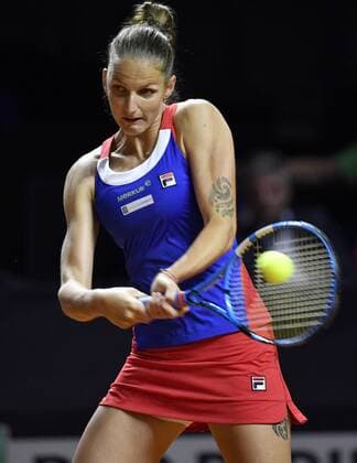 Karolina Pliskova CZE Action Tennis Women Team Germany Germany Fed Cup Federations FedCup 2018 Semifinal Germany GER vs Czech Republic CZE Porsche Arena Stuttgart 21 22 04 2018 Fed Cup Semifinals GER CZE Porsche Arena Stuttgart 2018