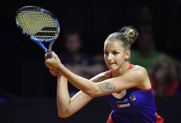 Karolina Pliskova CZE Action Tennis Women Team Germany Germany Fed Cup Federations FedCup 2018 Semifinal Germany GER vs Czech Republic CZE Porsche Arena Stuttgart 21 22 04 2018 Fed Cup Semifinals GER CZE Porsche Arena Stuttgart 2018
