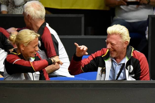 Head of Womens Tennis Barbara Rittner and Head of Mens Tennis Boris Becker Have Their Fun Germany Stuttgart Sport Tennis FedCup World Group Semifinal Germany vs Czech Republic at 21 04 2018 Porsche Arena