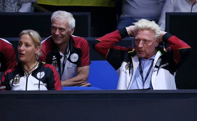 BAU 21 04 2018 Stuttgart Tennis Fed Cup GER vs CZE front left Barbara Rittner GER head of womens tennis Boris Becker GER head of mens tennis
