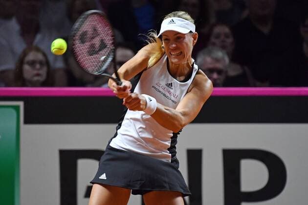 Angelique KERBER GER action single image trimmed single motive half figure half figure tennis Fed Cup semifinals Germany Czech Republic P O R S C H E A R E N A Stuttgart on 21 04 2018