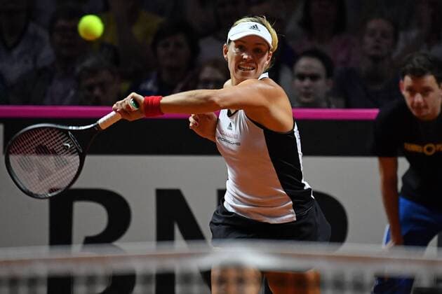 Angelique KERBER GER action single image trimmed single motive half figure half figure tennis Fed Cup semifinals Germany Czech Republic P O R S C H E A R E N A Stuttgart on 21 04 2018
