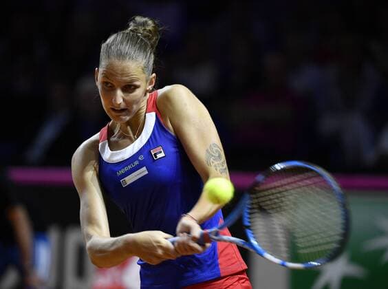 Karolina Pliskova CZE Action Tennis Women Team Germany Germany Fed Cup Federations FedCup 2018 Semifinal Germany GER vs Czech Republic CZE Porsche Arena Stuttgart 21 22 04 2018 Fed Cup Semifinals GER CZE Porsche Arena Stuttgart 2018