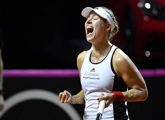 Angelique KERBER GER gesture cheering rejoicing over point win Tennis Women Team Germany Germany Fed Cup Fedation Fed Cup 2018 Semifinal Germany GER vs Czech Republic CZE Porsche Arena Stuttgart 21 22 04 2018 Fed Cup Semifinals GER CZE Porsche Arena Stuttgart 2018