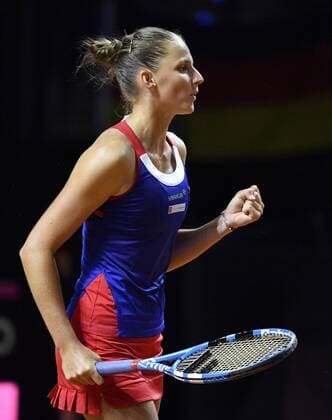 Karolina Pliskova CZE Gesture gesture cheering celebrates match win Tennis Women Team Germany Germany Fed Cup Fedation FedCup 2018 Semi-final Germany GER vs Czech Republic CZE Porsche Arena Stuttgart 21 22 04 2018 Fed Cup Semi-final GER CZE Porsche Arena Stuttgart 2018