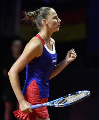 Karolina Pliskova CZE Gesture gesture cheering celebrates match win Tennis Women Team Germany Germany Fed Cup Fedation FedCup 2018 Semi-final Germany GER vs Czech Republic CZE Porsche Arena Stuttgart 21 22 04 2018 Fed Cup Semi-final GER CZE Porsche Arena Stuttgart 2018