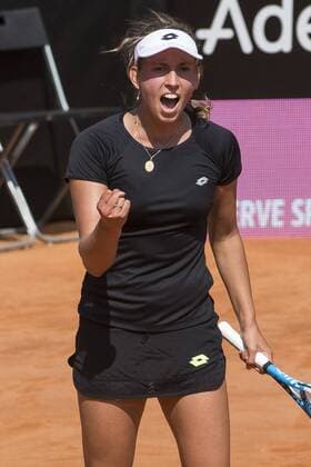 Belgian Elise Mertens celebrates after winning a tennis game between Italian Jasmine Paolini WTA Tennis Damen 145) and Belgian Elise Mertens (WTA 17), the first rubber of this weekend s Fed Cup World Group Play Off meeting between Italy and Belgium in Genoa, Italy, Saturday 21 April 2018. LAURIExDIEFFEMBACQ  x05333214x