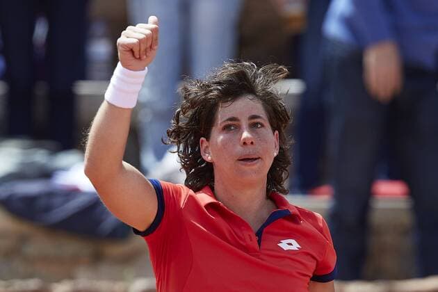 April 21, 2018 - La Manga, Murcia, Spain - Carla Suarez Navarro of Spain celebrates the victory in his match against Veronica Cepede Royg of Paraguay during day one of the Fedcup World Group II Play-offs match between Spain and Paraguay at Centro de Tenis La Manga Club on April 21, 2018 in La Manga, Spain Spain v Paraguay - Fedcup by BNP Paribas World Group II Play-offs  - ZUMAn230 20180421_zaa_n230_590 Copyright: xDavidxAliagax