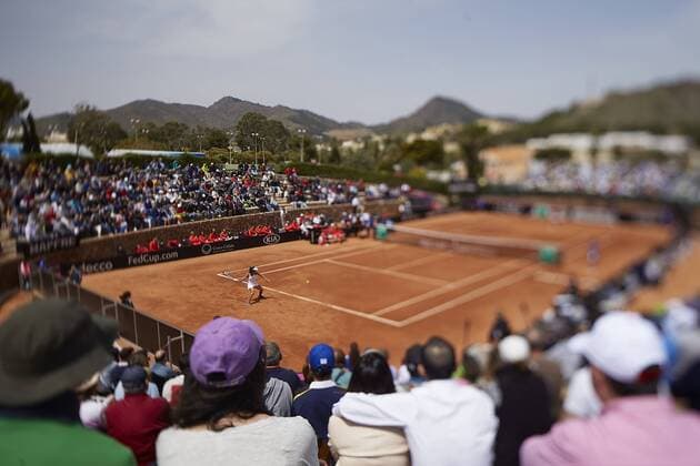April 21, 2018 - La Manga, Murcia, Spain - (EDITORS NOTE: the image has been taken with a tilt-shift lens) Veronica Cepede Royg of Paraguay in action in his match against Carla Suarez Navarro of Spain during day one of the Fedcup World Group II Play-offs match between Spain and Paraguay at Centro de Tenis La Manga Club on April 21, 2018 in La Manga, Spain Spain v Paraguay - Fedcup by BNP Paribas World Group II Play-offs  - ZUMAn230 20180421_zaa_n230_591 Copyright: xDavidxAliagax