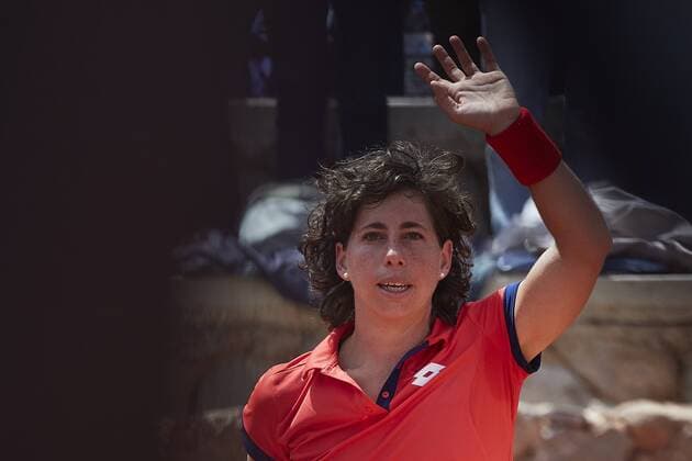 April 21, 2018 - La Manga, Murcia, Spain - Carla Suarez Navarro of Spain celebrates the victory in his match against Veronica Cepede Royg of Paraguay during day one of the Fedcup World Group II Play-offs match between Spain and Paraguay at Centro de Tenis La Manga Club on April 21, 2018 in La Manga, Spain Spain v Paraguay - Fedcup by BNP Paribas World Group II Play-offs  - ZUMAn230 20180421_zaa_n230_592 Copyright: xDavidxAliagax
