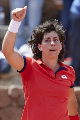 April 21, 2018 - La Manga, Murcia, Spain - Carla Suarez Navarro of Spain celebrates the victory in his match against Veronica Cepede Royg of Paraguay during day one of the Fedcup World Group II Play-offs match between Spain and Paraguay at Centro de Tenis La Manga Club on April 21, 2018 in La Manga, Spain Spain v Paraguay - Fedcup by BNP Paribas World Group II Play-offs  - ZUMAn230 20180421_zaa_n230_593 Copyright: xDavidxAliagax