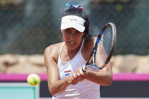 April 21, 2018 - La Manga, Murcia, Spain - during day one of the Fedcup World Group II Play-offs match between Spain and Paraguay at Centro de Tenis La Manga Club on April 21, 2018 in La Manga, Spain Spain v Paraguay - Fedcup by BNP Paribas World Group II Play-offs  - ZUMAn230 20180421_zaa_n230_597 Copyright: xDavidxAliagax