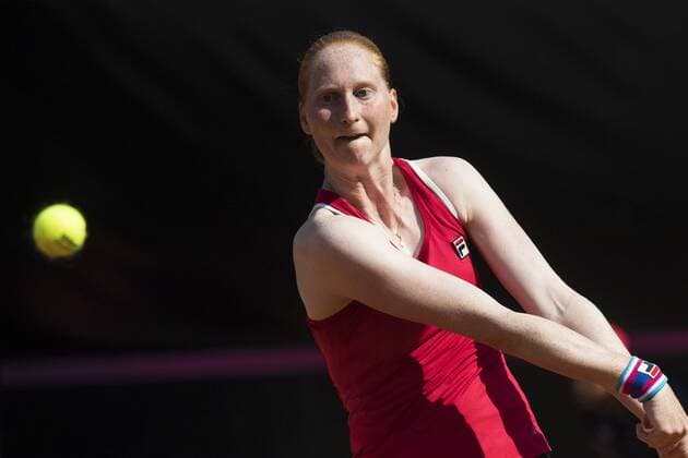 Belgian Alison Van Uytvanck pictured in action during a tennis game between Italian Sara Errani WTA Tennis Damen 91) and Belgian Alison Van Uytvanck (WTA 50), the second rubber of this weekend s Fed Cup World Group Play Off meeting between Italy and Belgium in Genoa, Italy, Saturday 21 April 2018. LAURIExDIEFFEMBACQ  x05333325x