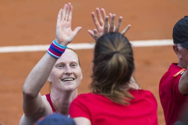 Belgian Alison Van Uytvanck celebrates after winning a tennis game between Italian Sara Errani WTA Tennis Damen 91) and Belgian Alison Van Uytvanck (WTA 50), the second rubber of this weekend s Fed Cup World Group Play Off meeting between Italy and Belgium in Genoa, Italy, Saturday 21 April 2018. LAURIExDIEFFEMBACQ  x05333417x