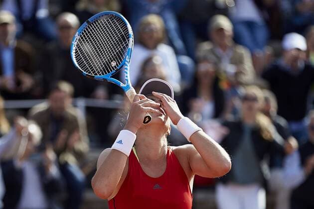 April 21, 2018 - La Manga, Murcia, Spain - Garbine Muguruza of Spain celebrates the victory in her match against Montserrat Gonzalez of Paraguay during day one of the Fedcup World Group II Play-offs match between Spain and Paraguay at Centro de Tenis La Manga Club on April 21, 2018 in La Manga, Spain Spain v Paraguay - Fedcup by BNP Paribas World Group II Play-offs  - ZUMAn230 20180421_zaa_n230_633 Copyright: xDavidxAliagax