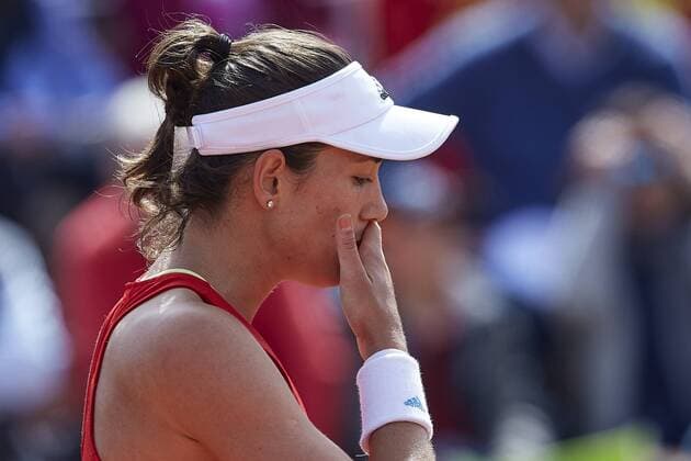 April 21, 2018 - La Manga, Murcia, Spain - Garbine Muguruza of Spain reacts in his match against Montserrat Gonzalez of Paraguay during day one of the Fedcup World Group II Play-offs match between Spain and Paraguay at Centro de Tenis La Manga Club on April 21, 2018 in La Manga, Spain Spain v Paraguay - Fedcup by BNP Paribas World Group II Play-offs  - ZUMAn230 20180421_zaa_n230_645 Copyright: xDavidxAliagax