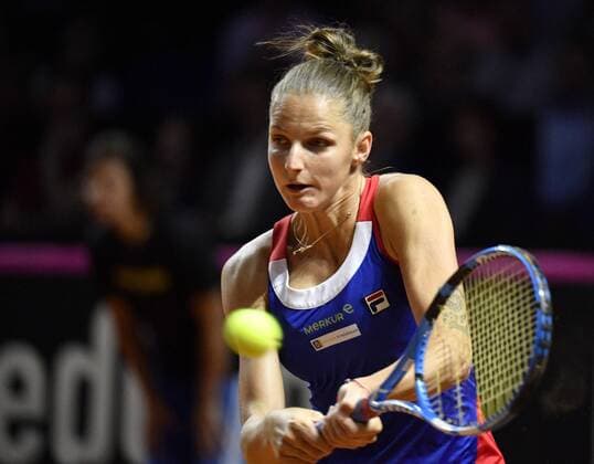 Karolina Pliskova CZE Action Tennis Women Team Germany Germany Fed Cup Federations FedCup 2018 Semifinal Germany GER vs Czech Republic CZE Porsche Arena Stuttgart 21 22 04 2018 Fed Cup Semifinals GER CZE Porsche Arena Stuttgart 2018