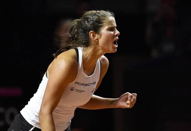 Julia Görges GER celebrates jubilation after winning the set winning set Gesture Gesture Fist Tennis Women Team Germany Germany Fed Cup Fedation Fed Cup 2018 Semifinal Germany GER vs Czech Republic CZE Porsche Arena Stuttgart 21 22 04 2018 Fed Cup Semifinals GER CZE Porsche Arena Stuttgart 2018