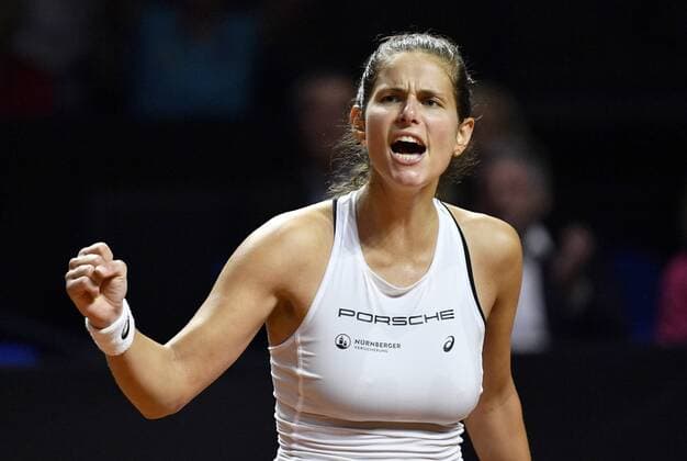 Julia Görges GER celebrates cheering gestures gesture after points win Tennis Women Team Germany Germany Fed Cup Federations FedCup 2018 Semifinal Germany GER vs Czech Republic CZE Porsche Arena Stuttgart 21 22 04 2018 Fed Cup Semifinals GER CZE Porsche Arena Stuttgart 2018