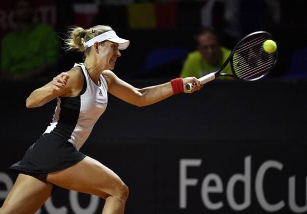 Angelique KERBER GER Action Tennis Women Team Germany Germany Fed Cup Fedation FedCup 2018 Semifinals Germany GER vs Czech Republic CZE Porsche Arena Stuttgart 21 22 04 2018 Fed Cup Semifinals GER CZE Porsche Arena Stuttgart 2018