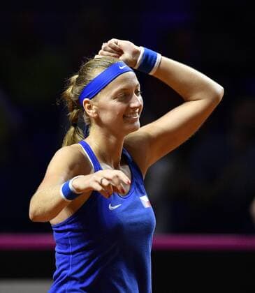 Petra Kvitova CZE rejoices over winning match Gesture Gesture Tennis Women Team Germany Germany Fed Cup Fedation FedCup 2018 Semifinal Germany GER vs Czech Republic CZE Porsche Arena Stuttgart 21 22 04 2018 Fed Cup Semi Final GER CZE Porsche Arena Stuttgart 2018
