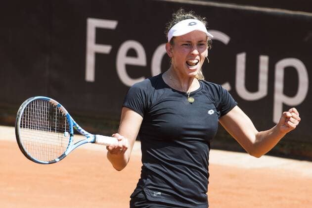 Belgian Elise Mertens celebrates after winning a tennis game between Italian Sara Errani and Belgian Elise Mertens WTA Tennis Damen 17), the third rubber of this weekend s Fed Cup World Group Play Off meeting between Italy and Belgium in Genoa, Italy, Sunday 22 April 2018. LAURIExDIEFFEMBACQ  x05334043x