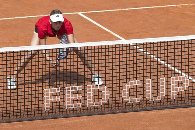 Belgian Elise Mertens pictured in action during a double tennis game between Italian pair Deborah Chiesa and Jasmine Paolini and Belgian pair Kirsten Flipkens and Elise Mertens, the fourth rubber of this weekend s Fed Cup World Group Play Off meeting between Italy and Belgium in Genoa, Italy, Sunday 22 April 2018. Belgian already won 0-3. LAURIExDIEFFEMBACQ  x05334271x