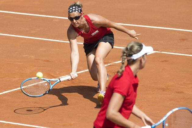 Belgian Kirsten Flipkens pictured in action during a double tennis game between Italian pair Deborah Chiesa and Jasmine Paolini and Belgian pair Kirsten Flipkens and Elise Mertens, the fourth rubber of this weekend s Fed Cup World Group Play Off meeting between Italy and Belgium in Genoa, Italy, Sunday 22 April 2018. Belgian already won 0-3. LAURIExDIEFFEMBACQ  x05334277x