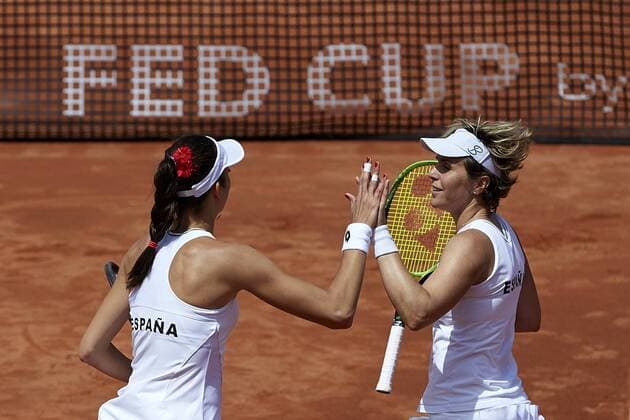April 22, 2018 - La Manga, Murcia, Spain - Georgina Garca Perez (L) and Maria Jose Martnez of Spain celebrate a point in their doubles match against Montserrat Gonzalez and Veronica Cepede of Paraguay during day two of the Fedcup World Group II Play-offs match between Spain and Paraguay at Centro de Tenis La Manga Club on April 22, 2018 in La Manga, Spain Spain v Paraguay - Fed Cup by BNP Paribas World Cup Group II Play-Off  - ZUMAn230 20180422_zaa_n230_626 Copyright: xDavidxAliagax