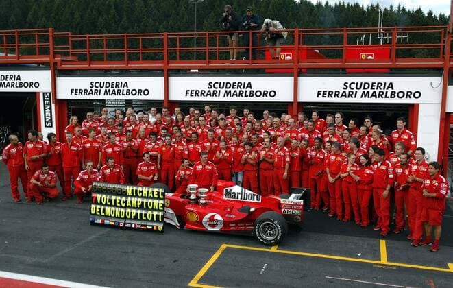 BRU460 - - FRANCORCHAMPS, BELGIUM : The whole Ferrari team pose for a family picture after the Belgian Formula One Grand Prix, Sunday 29 August 2004, on the race track of Spa-Francorchamps. Finnish Kimi Raikkonen won the race and Michael Schumacher got World Champion for the 7th time. MICHELxKRAKOWSKI  x2141813x