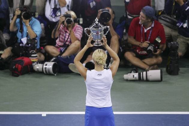 Tennis, US Open Damen Finale 2005, Kim Clijsters - Mary Pierce BRU360 - - NEW YORK, UNITED STATES: Kim Clijsters celebrates after winning the women s final at the 2005 US Open Tennis Tournament at the US Tennis Center in Flushing Meadows, New York Saturday 10 September 2005. Clijsters defeated Mary Pierce 6-3, 6-1. PHILIPPExBUISSIN  x3369070x