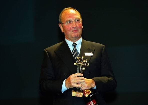 BRU194 - - BRUGGE, BELGIUM: Farewell of Walter Godefroot during the Gala of the Flandrien , Saturday 12 November 2005 in Brugge. Tom Boonen won the Flandrien trophy 2005 for best cyclist of the year. At L Michel Wuyts. MARCxGOYVAERTS  x3596148x