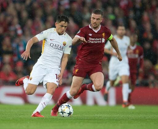 Liverpool v A.S. Roma UEFA Champions League Semi-Final Cengiz Under of AS Roma (left) looks to pull away from Jordan Henderson of Liverpool during the UEFA Champions League Semi-Final match at Anfield, Liverpool Content Not Available For UK Newspapers Copyright: xRussellxHartx FIL-11698-0002