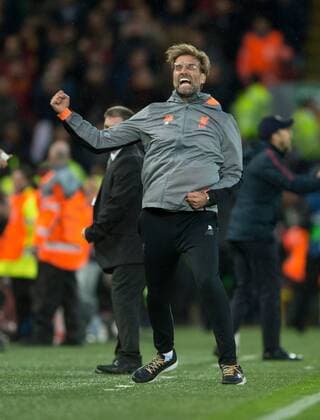 Bilder des Tages - SPORT Liverpool v A.S. Roma UEFA Champions League Semi-Final Liverpool manager Jurgen Klopp celebrates after his team went 1-0 up during the UEFA Champions League Semi-Final match at Anfield, Liverpool Content Not Available For UK Newspapers Copyright: xRussellxHartx FIL-11698-0005