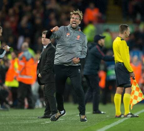 Liverpool v A.S. Roma UEFA Champions League Semi-Final Liverpool manager Jurgen Klopp celebrates after his teamed went 1-0 up during the UEFA Champions League Semi-Final match at Anfield, Liverpool Content Not Available For UK Newspapers Copyright: xRussellxHartx FIL-11698-0009